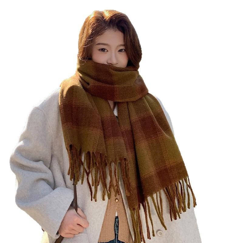 Retro Plaid Scarf Women's Autumn and Winter Atmosphere Imitation Cashmere Student Warm Versatile Scarf Shawl