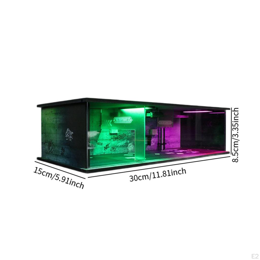 1:Model Garażu Samochodowego w Skali 64 z Gablotą LED, Organizer do Przechowywania, Oświetlony Parking