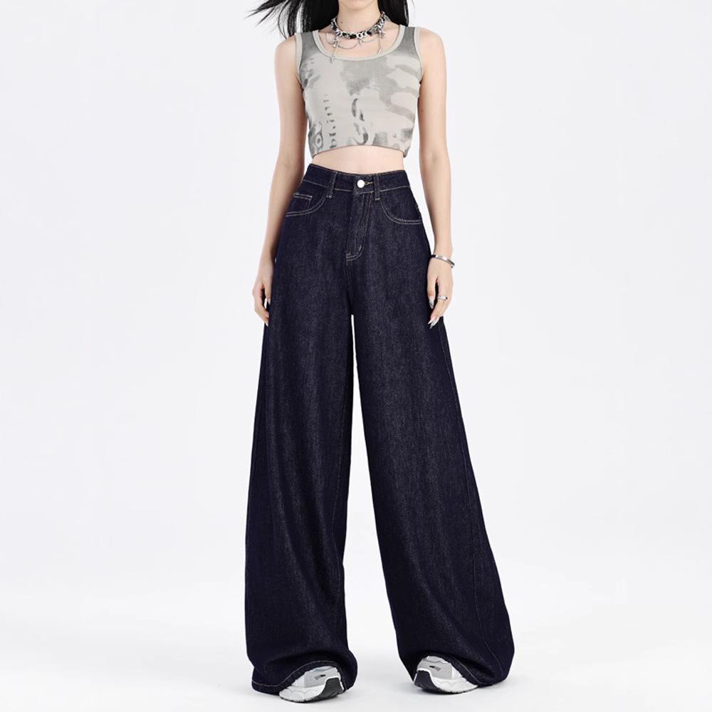 Women's Dark Blue Wide-Leg Jeans - 2025 Spring Petite Straight-Fit, Floor-Length Pants