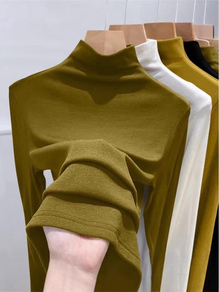 Versatile Women's Base Layer Shirt: Semi-High Neck, Ribbed, Brushed, Warm, Long-Sleeve T-shirt for Spring/Autumn.