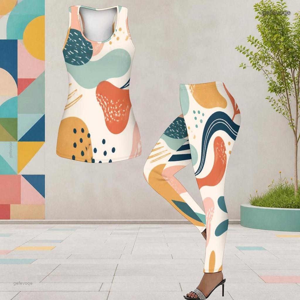 Women Plus Size Two Piece Set Scoop Neck Sleeveless Longline Tank Top Printed Fitted Pants