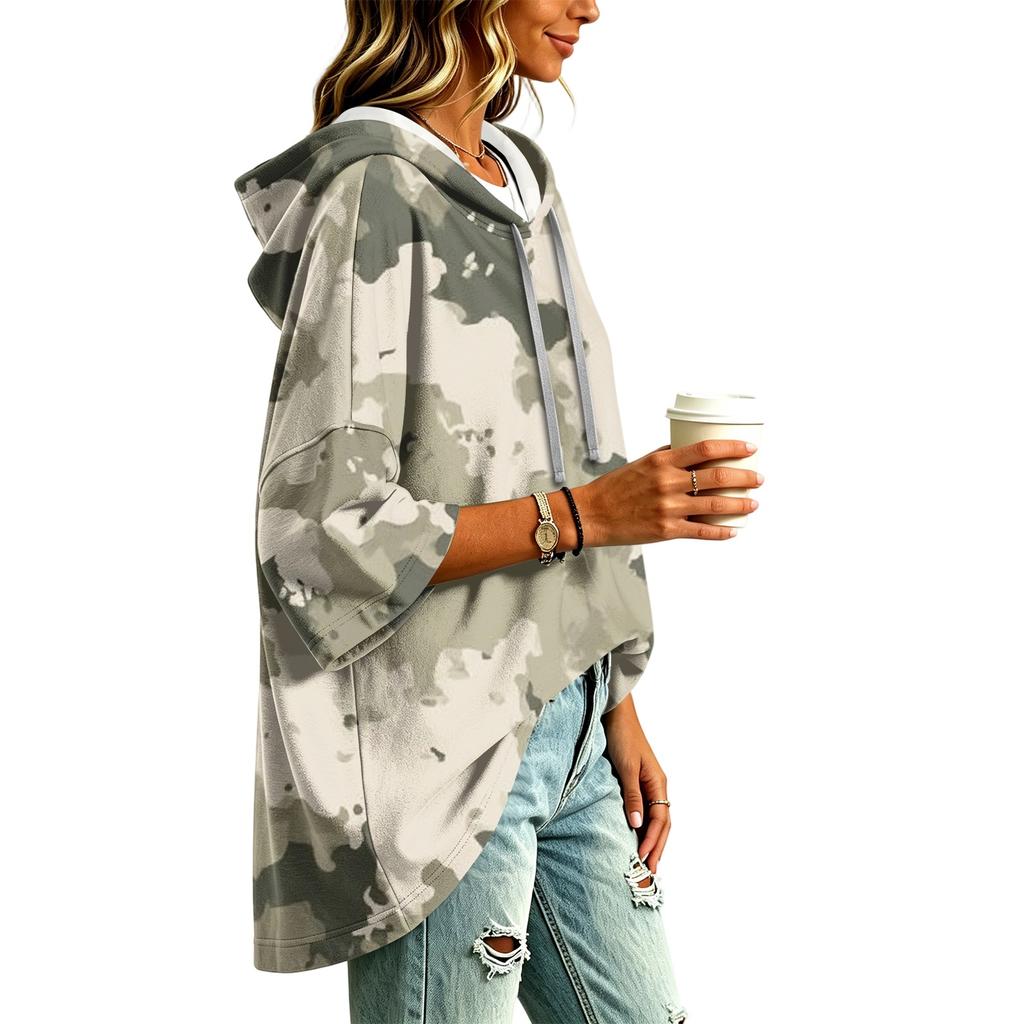 Women's Casual Camouflage Print Hooded Pullover Top with Three-Quarter Sleeves