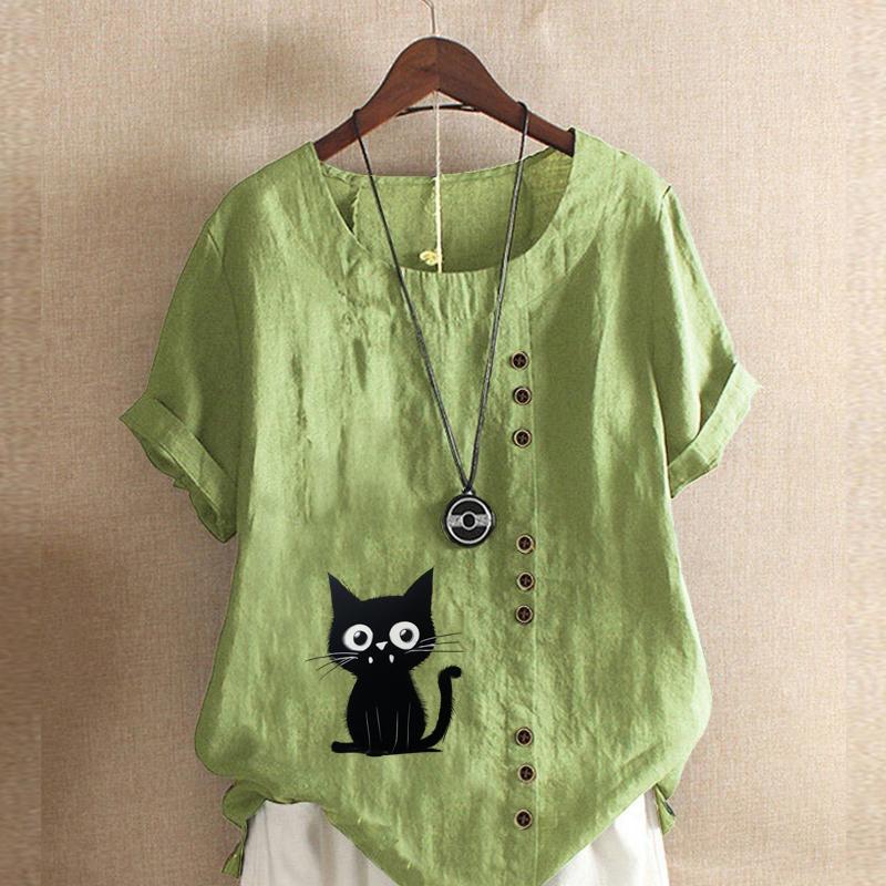 Women's Fashion Cat Prined Short Sleeve T-shirt Loose Cotton Shirt Casual Loose Summer Blouse Plus Size Tops
