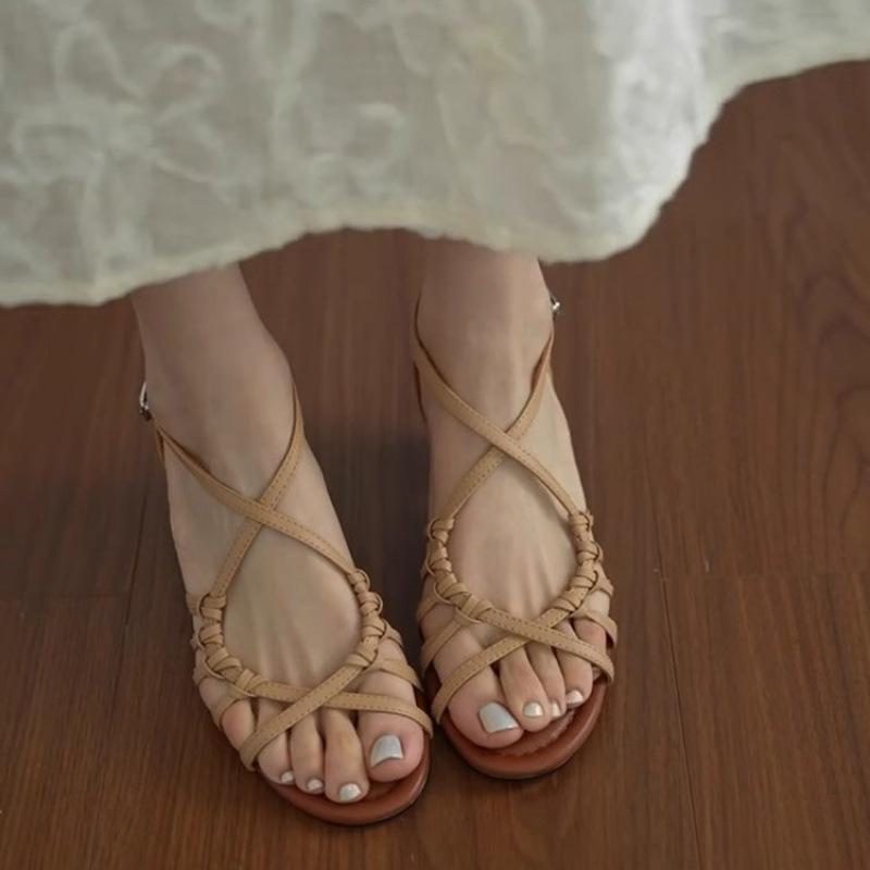 Sheepskin version~ Hand-woven hollowed-out vacation style high-heeled Roman shoes women's summer open-toed temperament with skirt sandals