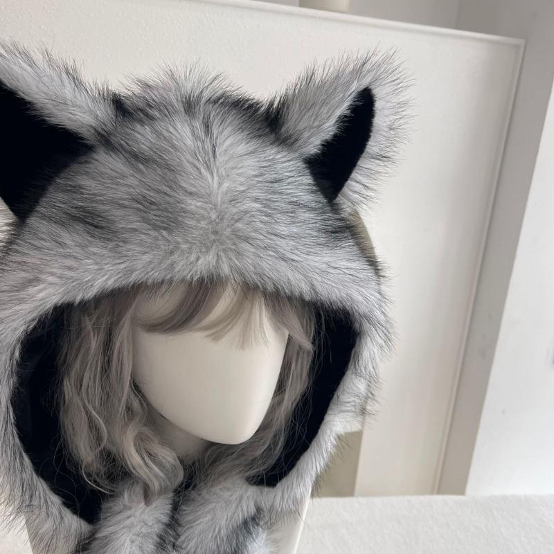 Plush Cats Ear Hat with Faux Furs Look Earflaps, Long Coverage Thick Warm Hat for Cold Weather Daily Outfit Styling, Outdoor Activity
