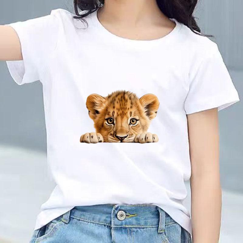 Kids Cotton T Shirt Cute Peeking Lion Cub Print Crew Neck Short Sleeve Tee Casual Breathable Boys Girls Summer Tops