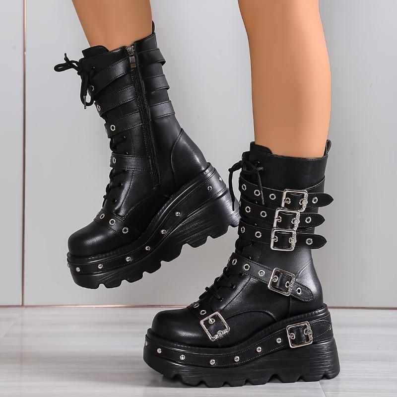 New Autumn-Winter Women'S Fashion Thick-Soled Mid-Calf Boots With Lining, Warm Dark Punk Style, Side Zipper, Wedge Heel