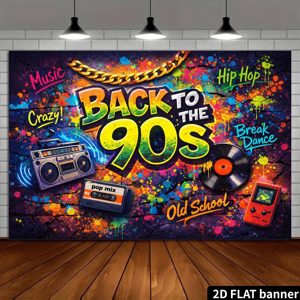 Bannière plate 2D design de tissu de fond nostalgique années 90. L'image est basée sur des murs de briques graffités. """RETOUR AUX ANNÉES 90"""