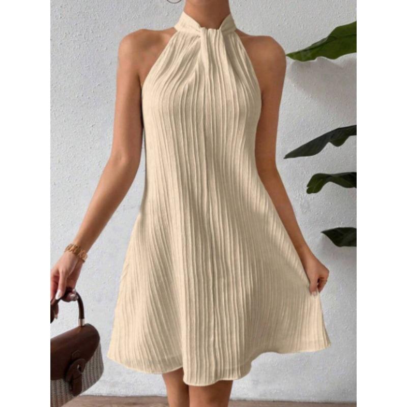 QICED Fashion Summer Spring Solid Color Print Sleeveless Casual Dresses