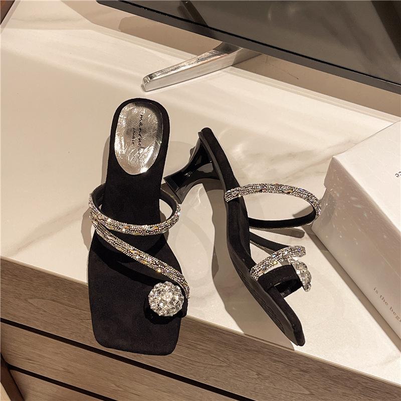 Women's Mid Heel Square Toe Sandals Diamond Decorated Outerwear Slip-On Shoes Korean Style Sandalias De Mujer Size35 40