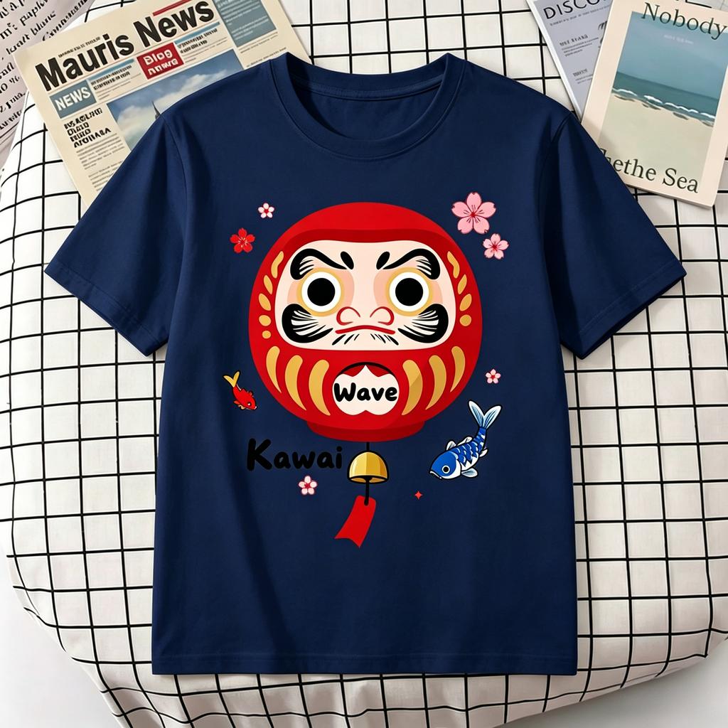 Kawaii Japan Style Daruma Lucky Doll Goldfish Cherry Blossom Graphic Unisexs Pure Cotton Loose Streetwear Tops