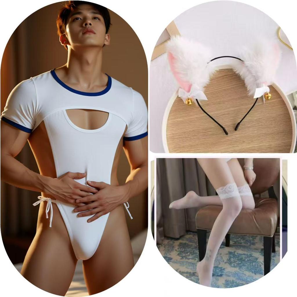 Plus Size Men's Cross-Dressing Erotic Lingerie: Open Crotch Student Outfit, Nipple-Revealing Bodysuit, Seductive Flirtation Uniform