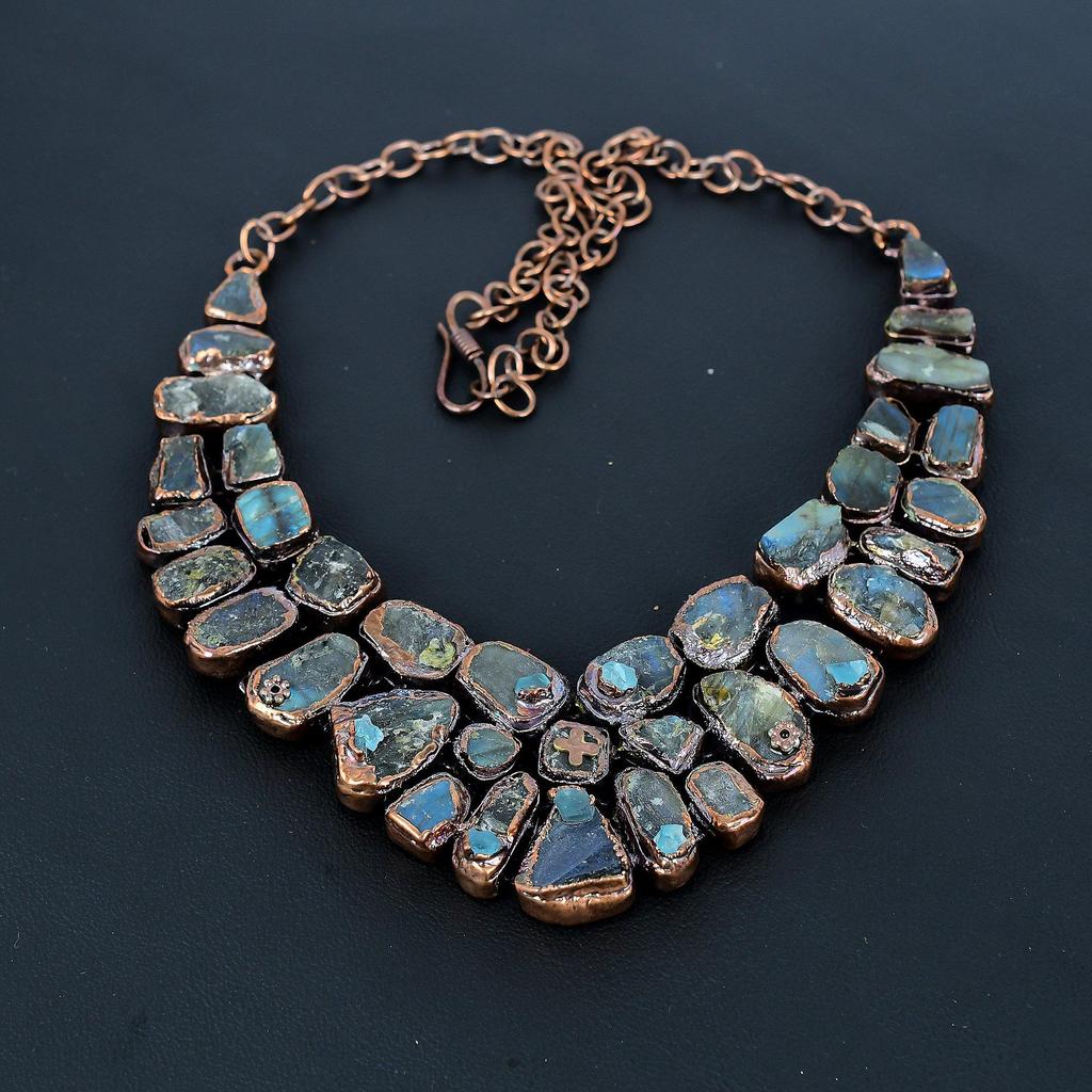 Labradorite Handmade Gemstone Necklace, Copper Electroformed Necklace Antique Jewelry, Adjustable Necklace Engagement Gift