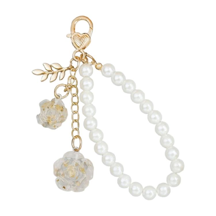 Trendige Perlenkette und Rosen-Schlüsselanhänger mit Legierungsverschluss Rostfreier Schlüsselanhänger Harzblume Schlüsselring Eleganter Taschenanhänger