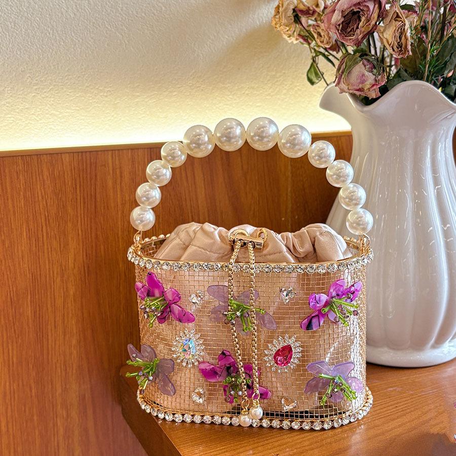 French retro metal diamond-encrusted fresh flower pearl vegetable basket bag dinner bag bucket messenger bag золотой