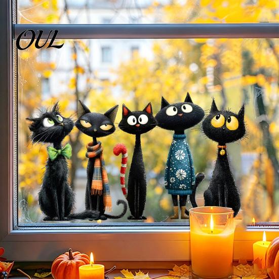 Waterproof Pvc Window Film Halloween Cartoon Black Cat Static Sticker, PVC Decorative Seasonal Glass Stickers Decal, Clings for Living Room