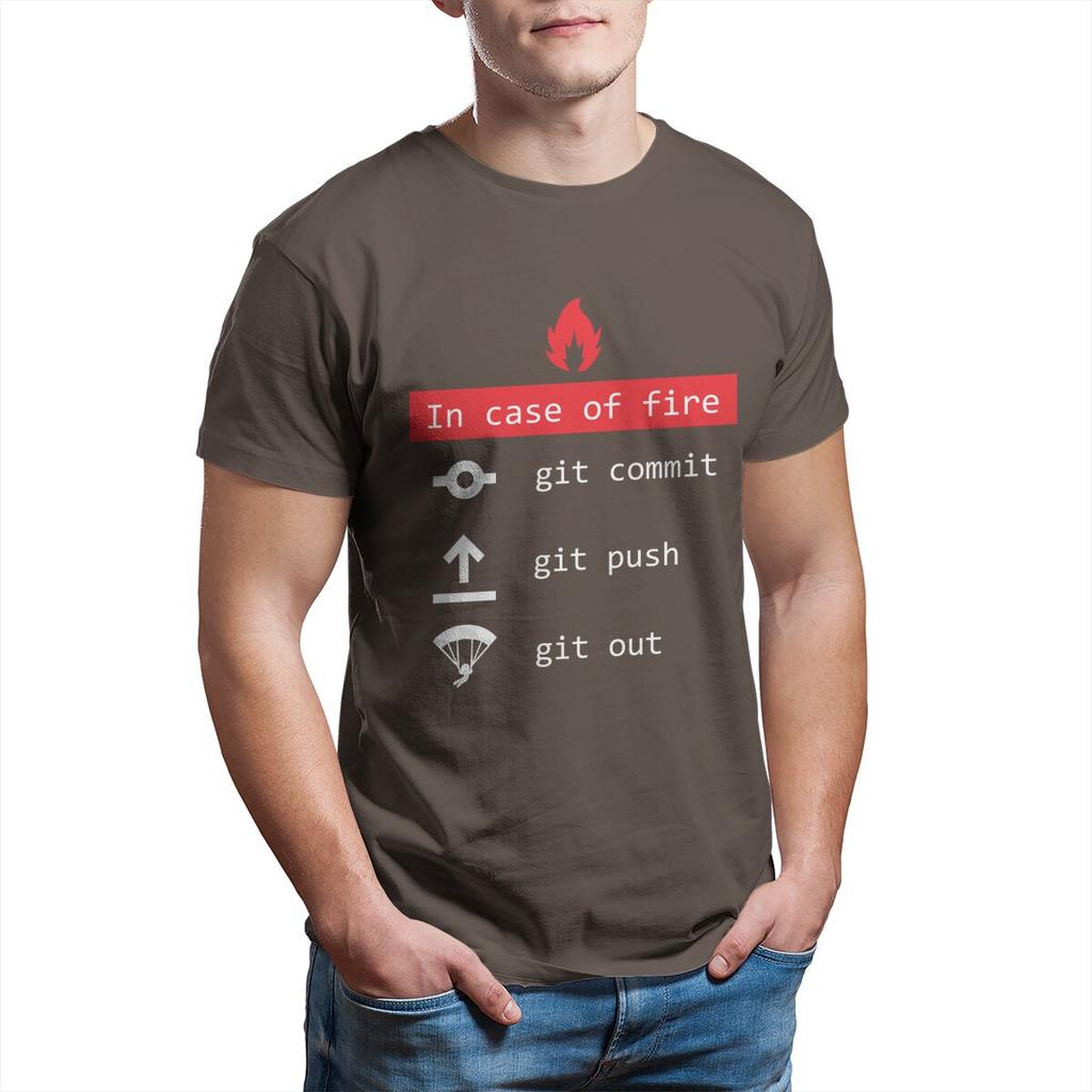 In Case Of Fire Git Commit Push Funny Coder Programmer Devops Network Sysadmin Geek T-Shirt for Men 100% Cotton Printed Clothing