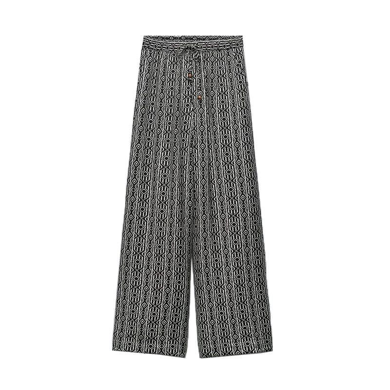 Spring New V-neck with Knot Print Cut Tops 3564096 High Waist Wide Tube Pants 3564095