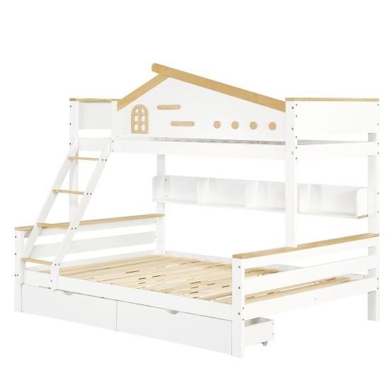 Double Layer Bed Bunk Bed Children with Color-Contrasting Safety Rail Two Drawers Mother Child Window Four-Step Inclined Ladder And Open