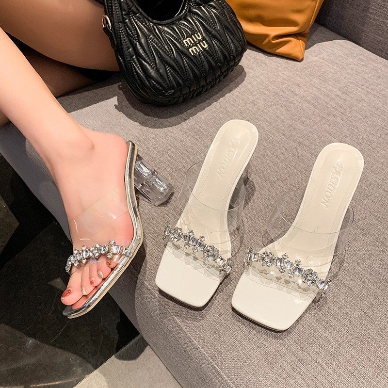 Silver crystal sandals outer wear women's summer 2025 new transparent belt one-word drag fairy rhinestone high heels thick heel