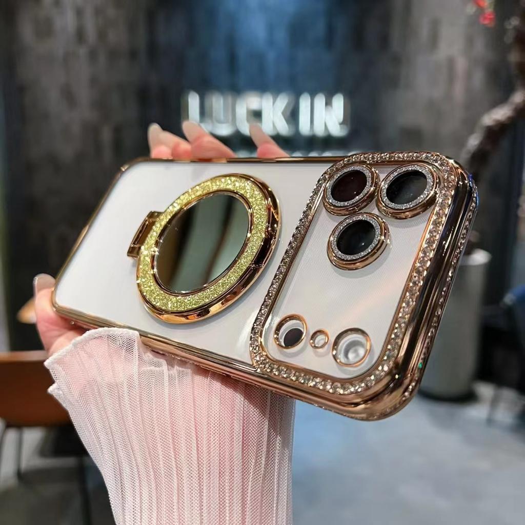Electroplated rhinestone edge, suitable for iPhone18PROMAX mobile phone case, makeup mirror bracket, Apple 17 transparent soft cover 13.