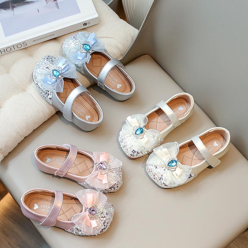 New Girls Mary Jane Shoes for Party Wedding Shows Rhinestones Bow Sequins Hook & Loop Children Fashion Leather Shoes 2024 Korean