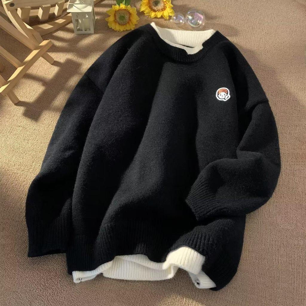 Men's Versatile Japanese-Style Two-Piece Look Sweater—Classic, Loose-Fit Round Neck Pullover