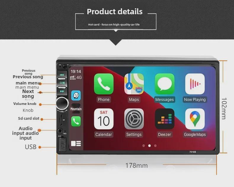 HD Auto MP5 prehrávač s kapacitným dotykovým displejom, CarPlay, Bluetooth hovormi a cúvacou kamerou, Model 7018B