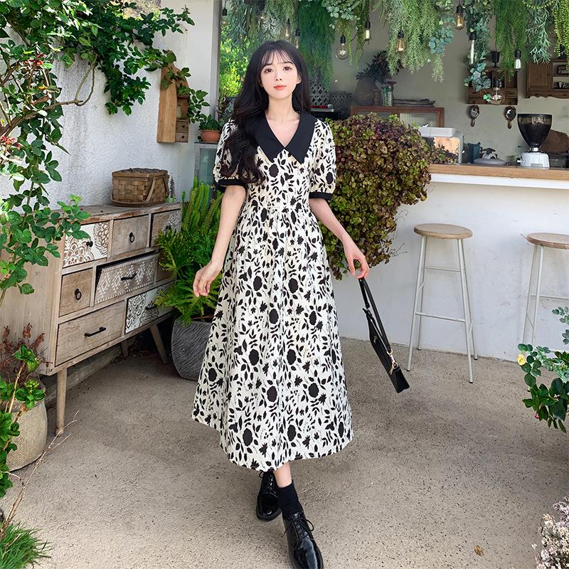 

Women s Floral Puff Sleeve Slimming Doll Collar Over-the-Knee Dress M (Recommended for 42.5-52.5 kg)