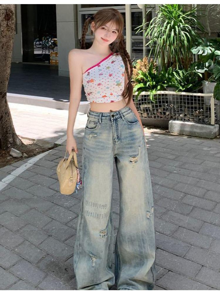 Fashionable Comfortable High Street Broken Jeans Women Years Straight Small Loose High Waist Thin Wide Leg Trousers Jeans for Women Long Denim Pants