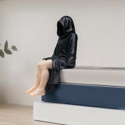 Desk Accessory 3D Printed Black Robe Women Figurine, Sitting Hooded Female Shelf Sitter Sitter, Gothic Statue for Home Office Bookshelf Decoration