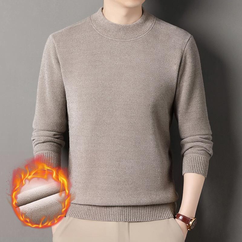 Men's Thick Plush High Neck Sweater - Pure Color Knit for Winter Warmth