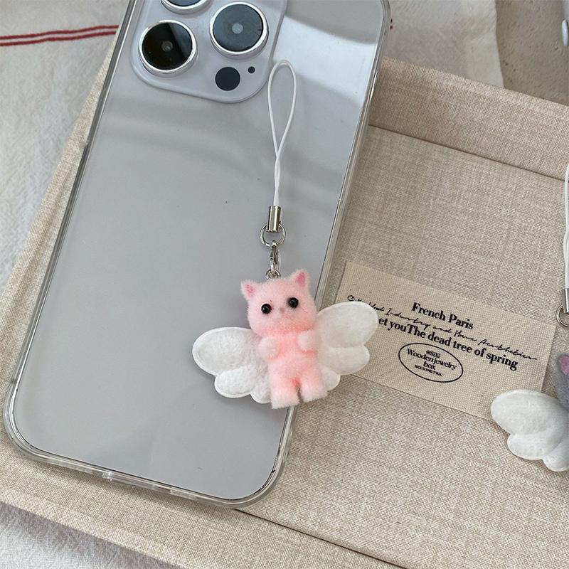 Cartoon Flocking Cat Pendant Keychain Y2K Butterfly Wings Key Ring For Women Girls Cute Camera Bag Pendant Decoration Gifts