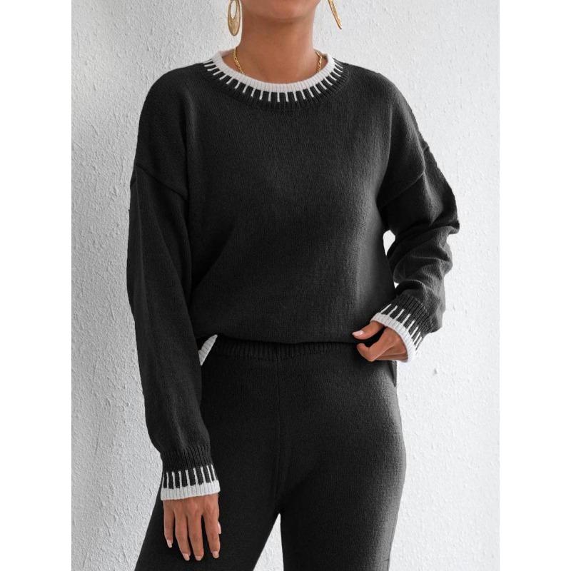 Women S Casual Loose Pullover Sweater Round Neck Long Sleeve Color Block