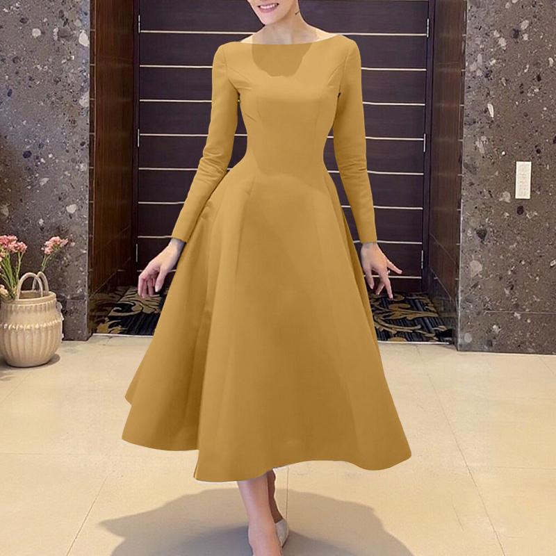 ZANZEA Women Casual Round Neck Solid Color Long Sleeve A-Line Dress