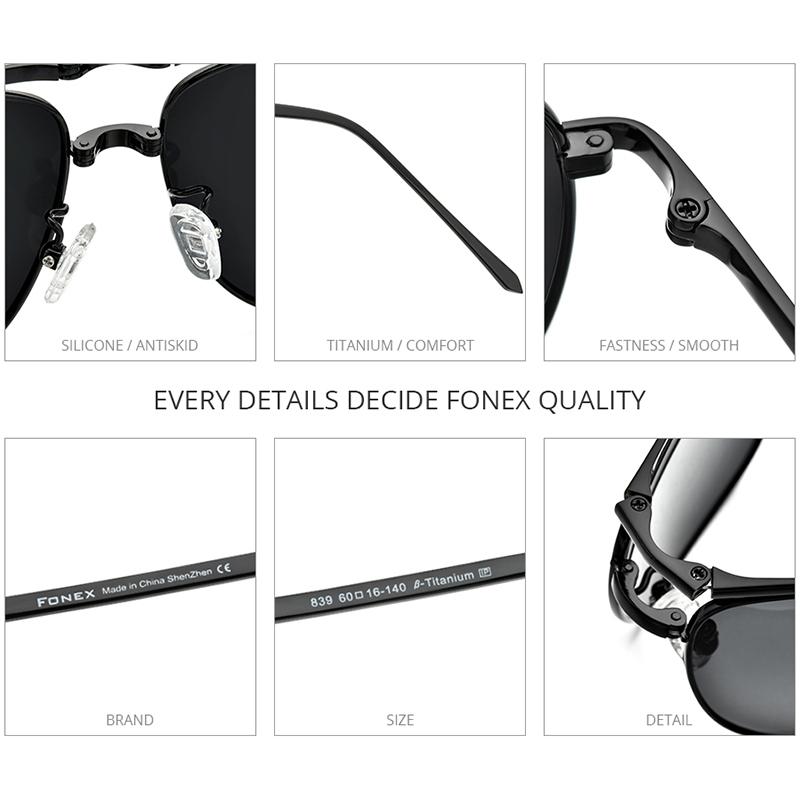 Lunettes de Soleil Polarisées en Titane Pur FONEX Homme Pliables Carrées Lunettes de Soleil pour Femme Ultra-légères Haute Qualité Monture Japonaise 839