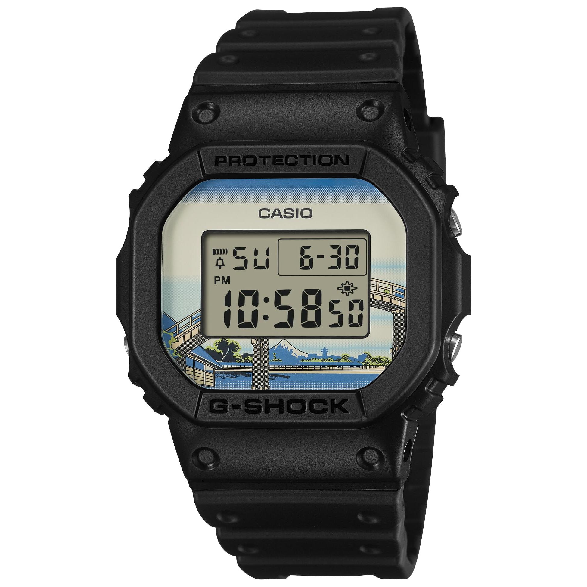

Casio Мужские наручные часы G-Shock Японская модель Дизайн Хокусая Фукагава под мостом Маннэн, DW-5600KHFM25-1JR, Черный