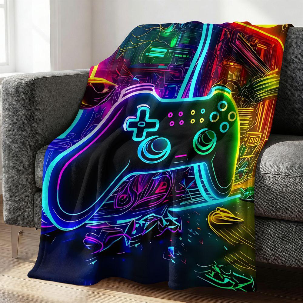 Cyberpunk Neon Gaming Controller Flannel Fleece Blanket, Digital Portal Gamer Throw, Electric Blue Matte Black Print Blanket for