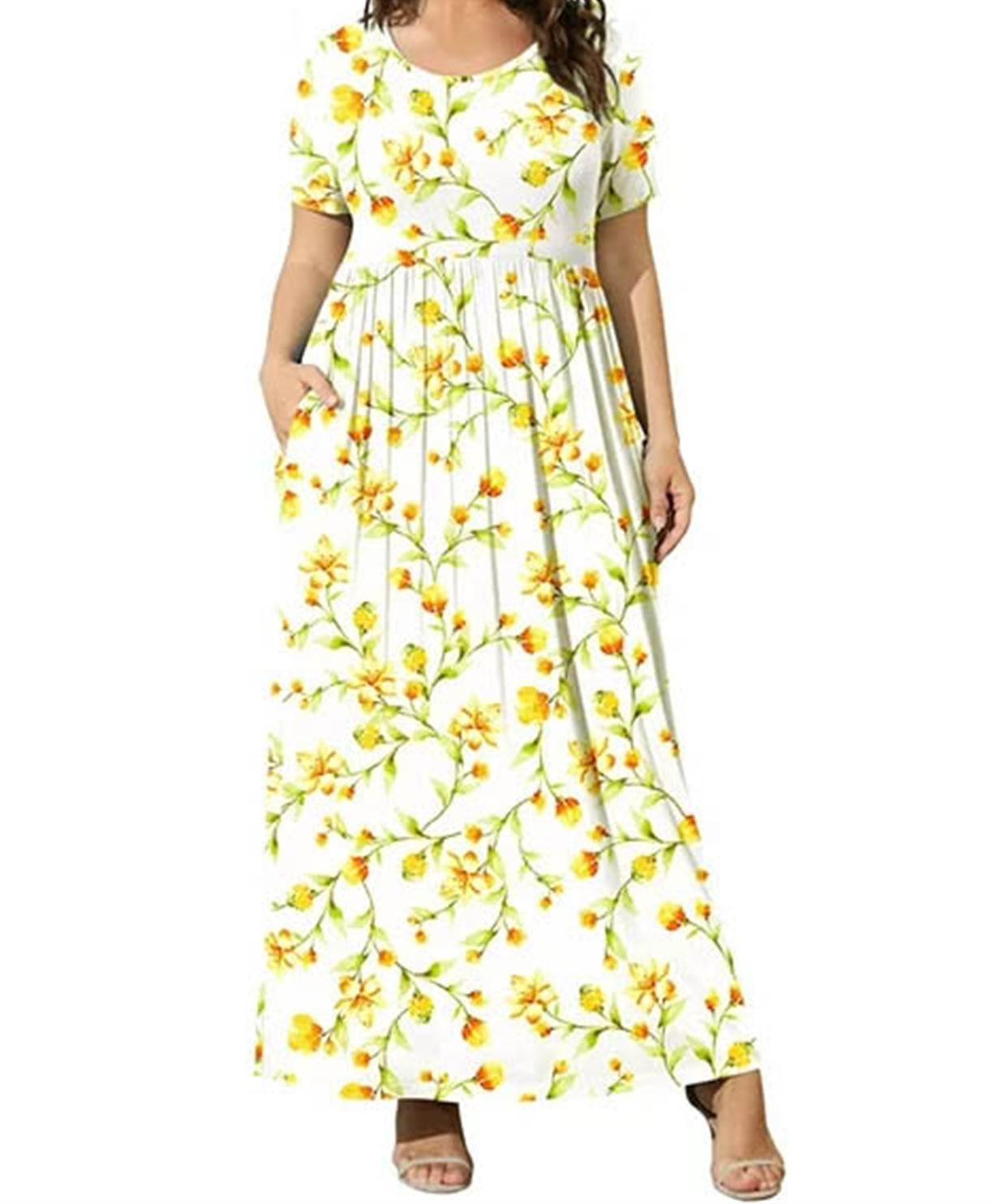 

European & American Summer Plus Size Short Sleeve Round Neck Printed Dress XL