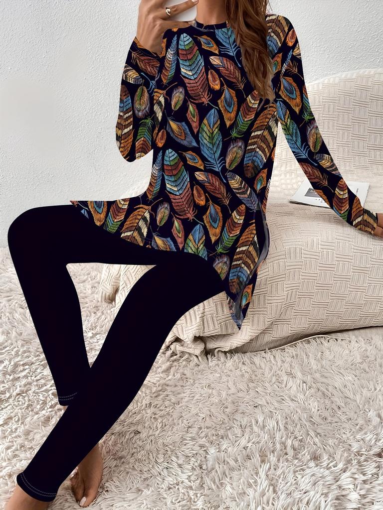 Vintage floral print crew neck long-sleeved set slim sports slim tight yoga trousers set