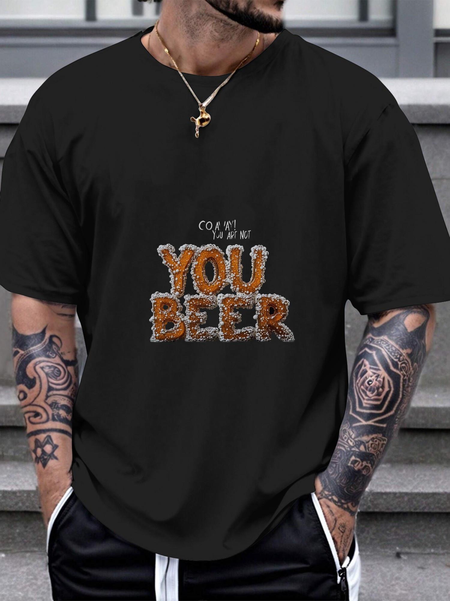 1pc Beer-Themed Bold Graphic Black T-shirt - 180g Cotton Crew Neck Short Sleeve Tee with YOU BEER Print L