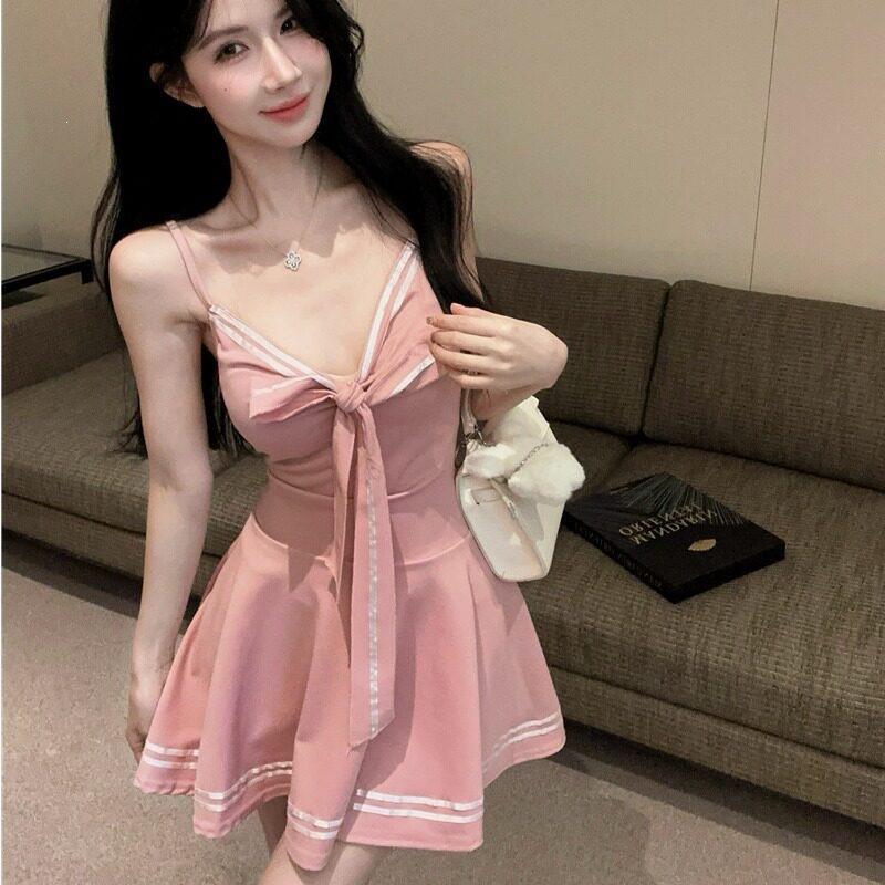 Bow Tie Lace-up Slim JK Uniform Camisole Mini Skirt Dress