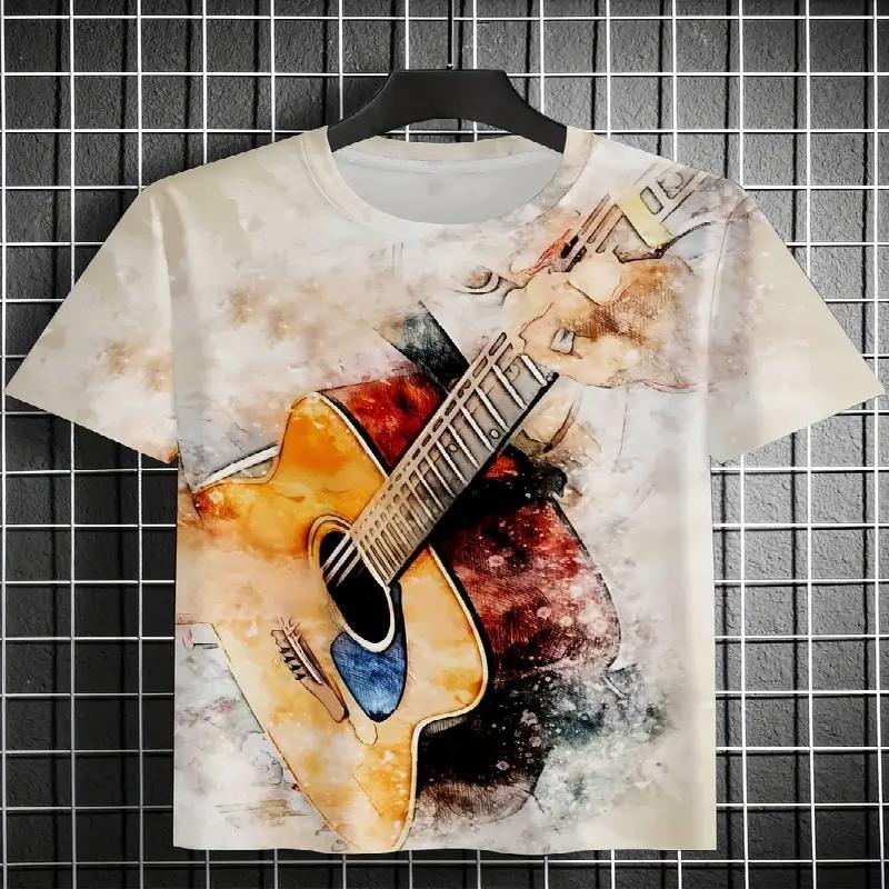

Мужская футболка с ярким акварельным принтом гитары, 3D цифровое искусство, короткий рукав, круглый вырез, полиэстеровое волокно, идеально подходит для лета и отдыха XXXL