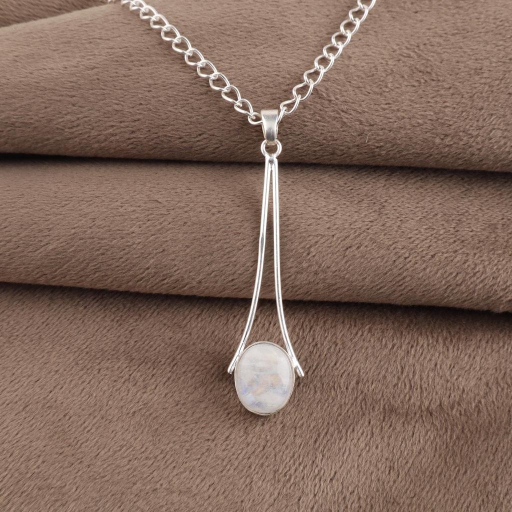 Natural Rainbow Moonstone Gemstone 925 Sterling Silver Handmade Jewelry Long Pendant 1.79" Gift For Love PP-69-35