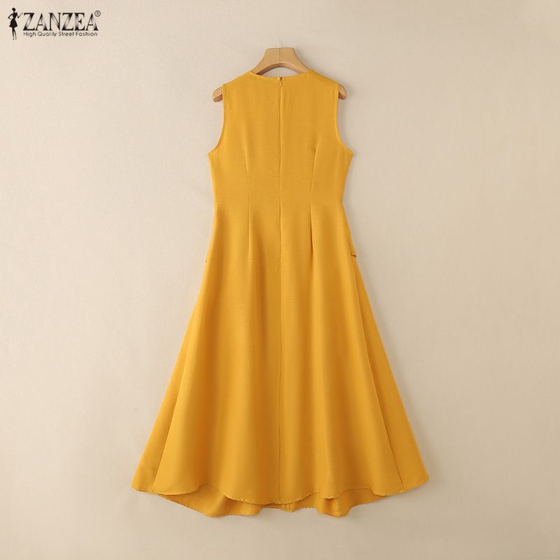 ZANZEA Women Sleeveless Ruffled Layers Baggy Casual Long Maxi Pleated Dress
