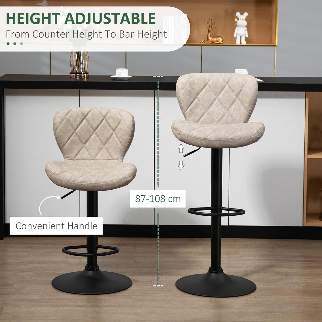 Bar Stools, Set of 2 Breakfast Bar Chairs, Swivel Barstools with Backrest and Footrest, Steel Frame Diamond Pattern PU, for Kitchen Counter