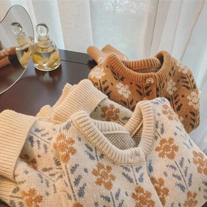 Women's Y2K Thick Flowers Cardigan Knit Sweater Knitwear Winter Shirts Pullovers Korean Style Clothes Outer For Women 2024
