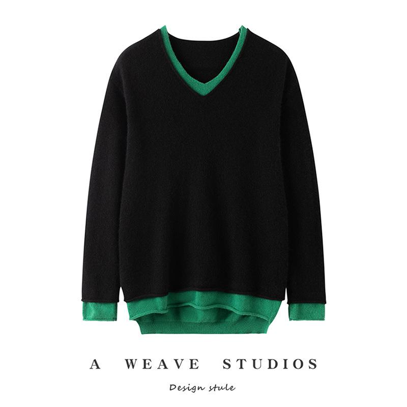 Korean Style V-Neck Color Block Cashmere Knit Women's Base Layer - Loose Fit & Slimming for Autumn/Winter