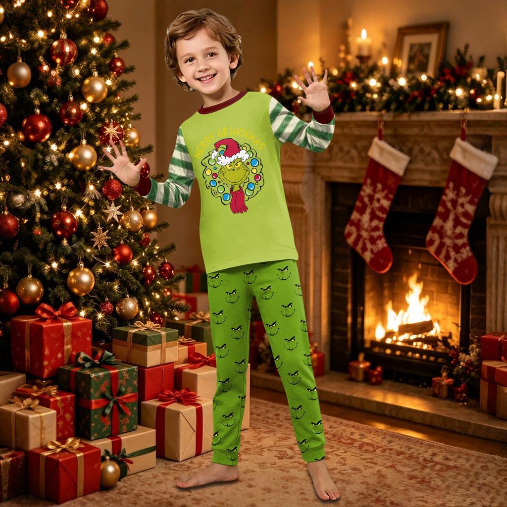 Family Matching Christmas Pajama Set with Long Sleeve Neck Top and Pants for Parents and Kids