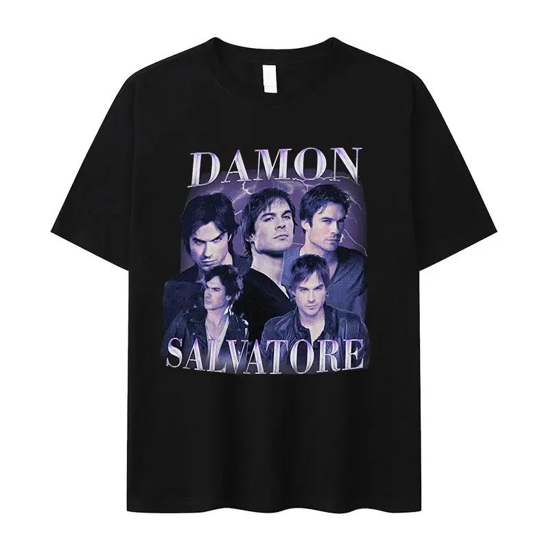 Hot Sale Damon Salvatore TV Drama Graphic Print T-shirt Men Women Retro Gothic Fashion Loose Casual Oversized Streetwear Harajuku Y2K Summer New Teee